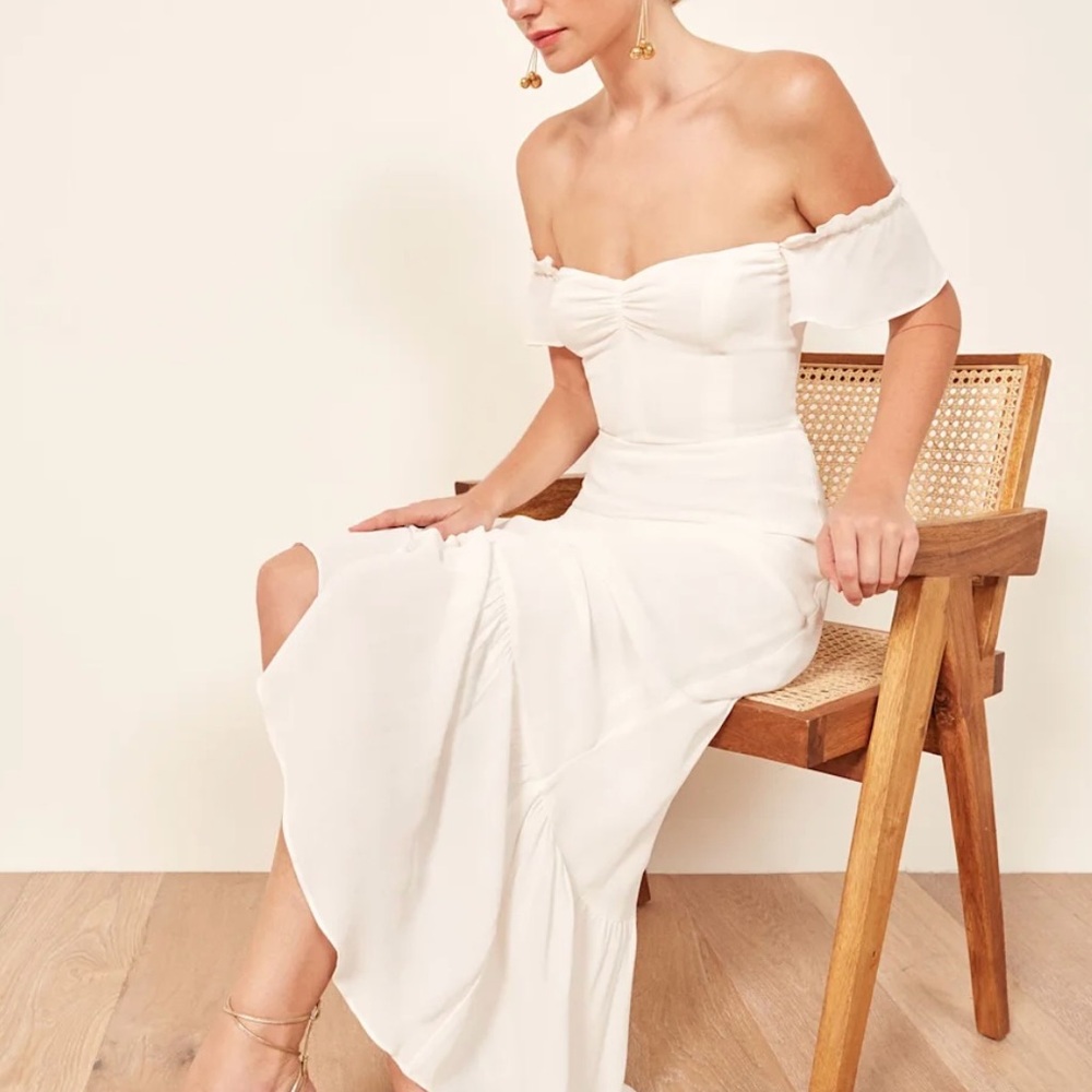 Reformation Off-Shoulder Butterfly Ivory White Dress